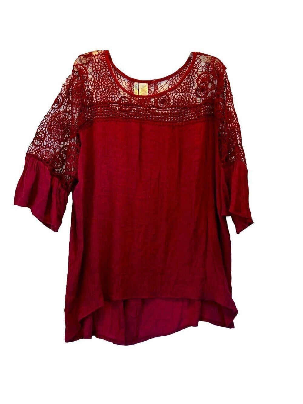 Forgotten Grace Top, Size 2X, PTP 29", L 32" Front, 36" Back, Maroon Color